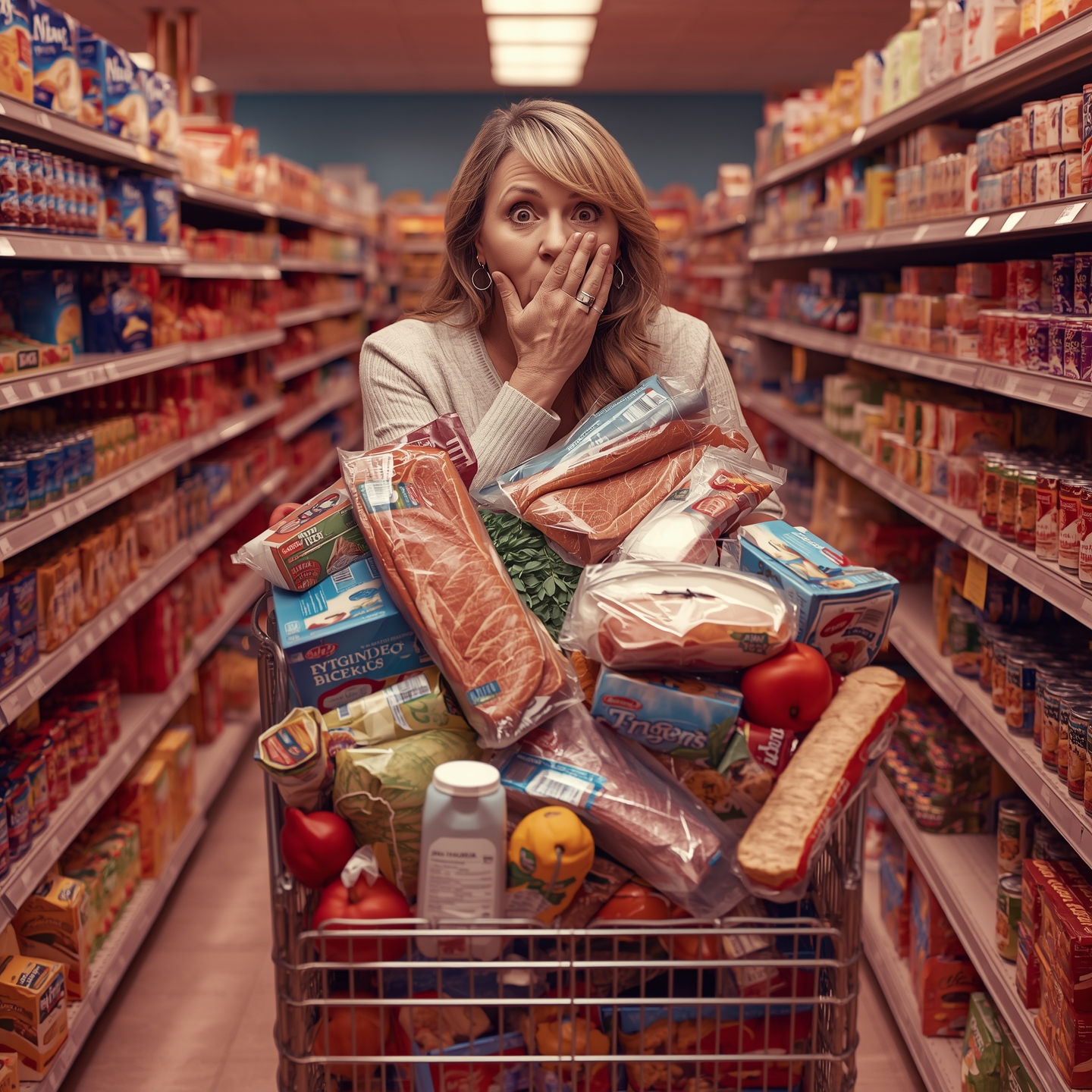 A shocked woman in a supermarket with a cart full of groceries