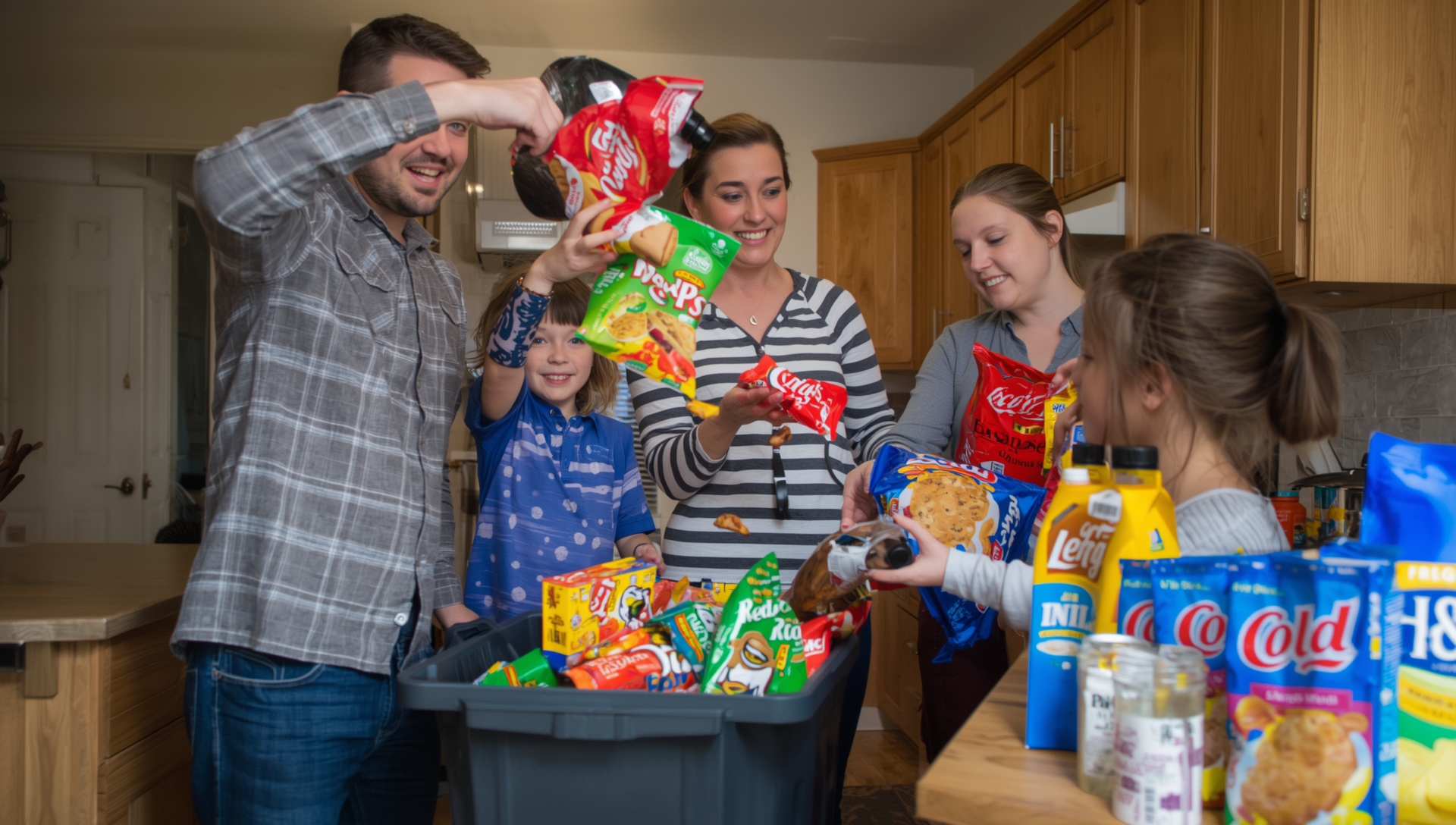 Family looking at a table full of processed snacks