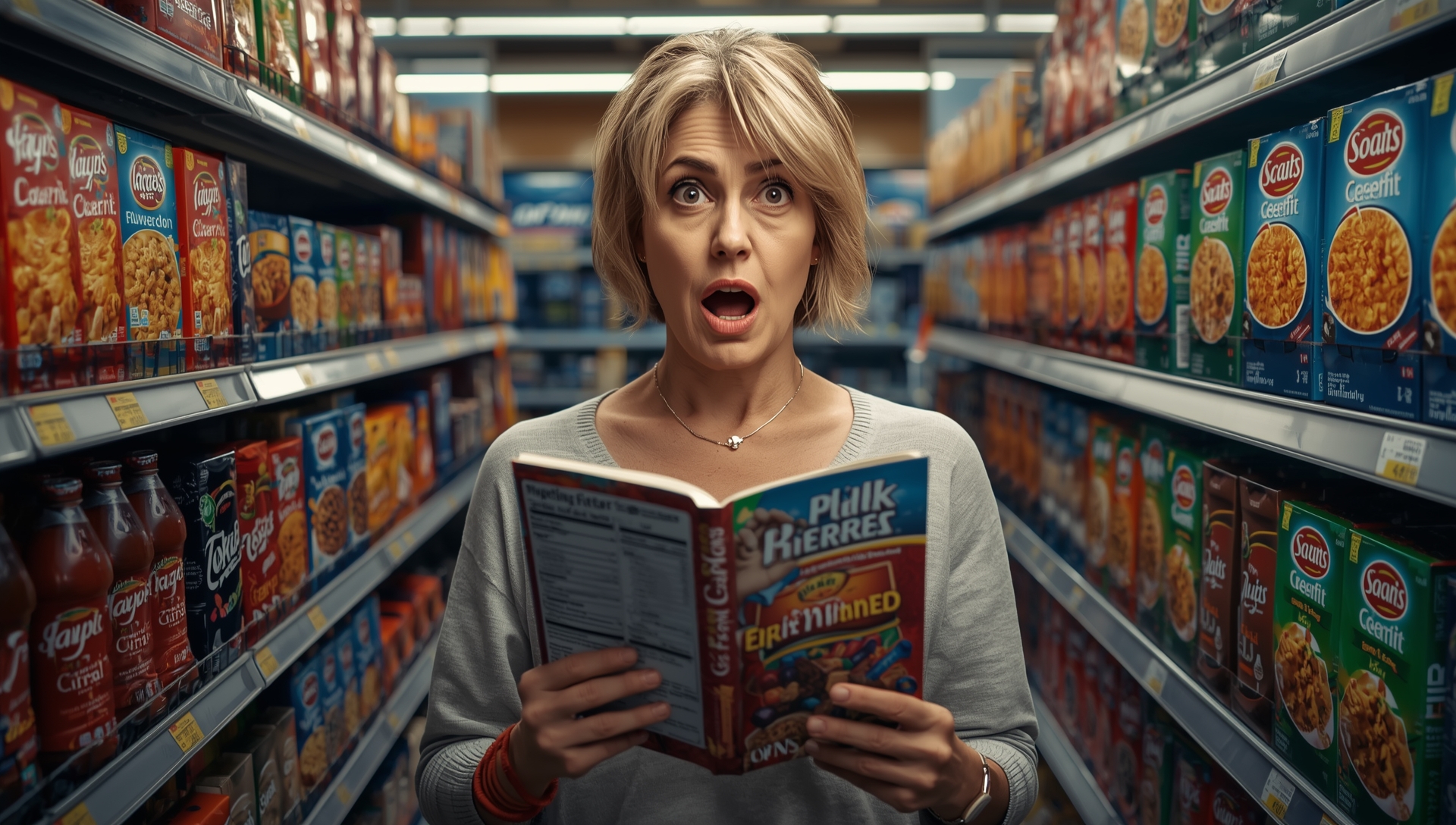 Woman in a supermarket aisle looking shocked while reading a book